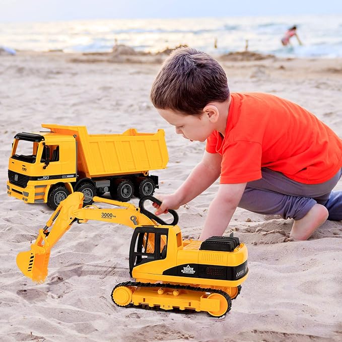 Toy To Enjoy Construction Toys - Excavator & Dump Truck Toy for Kids (Set of 2) – Moveable Claw & Lifting Back – Garbage Truck & Bulldozer Digger – Construction Vehicles for Boys & Kids