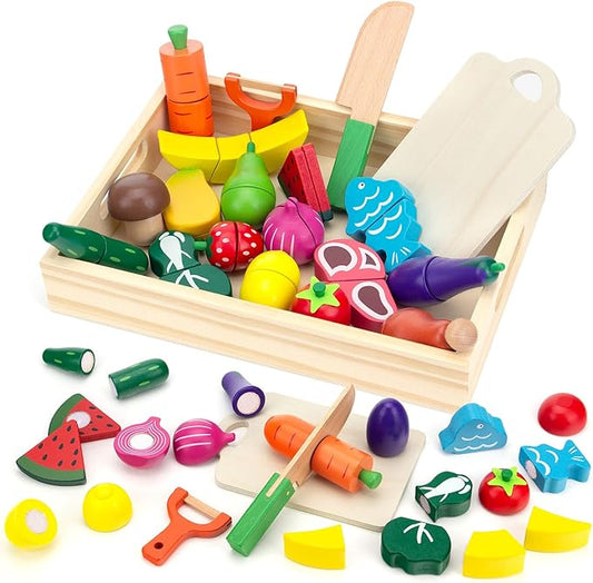 Wooden Play Food Sets for Kids Kitchen Fake Food Cutting Fruits Vegetables and Meat Pretend Play Toddler Toys Food Montessori Toys for 3 4 5 6 7 Years Old Gifts for Boys and Girls