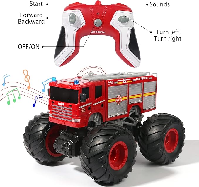 Remote Control Fire Truck Monster Truck Toy,1/18 RC Fire Truck,2.4GHz Offroad Hobby RC Racing Car with LED, High Speed, Best Gift for Kids