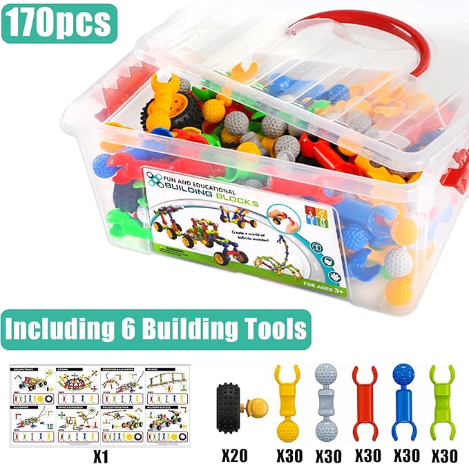 170 Pcs STEM Building Toys for Kids Ages 4-8, Building Blocks Educational Construction Engineering Building Kit for Ages 3 4 5 6 7 8 9 Year Old Creative Kids Games, Christmas Birthday Gifts Boys Girls