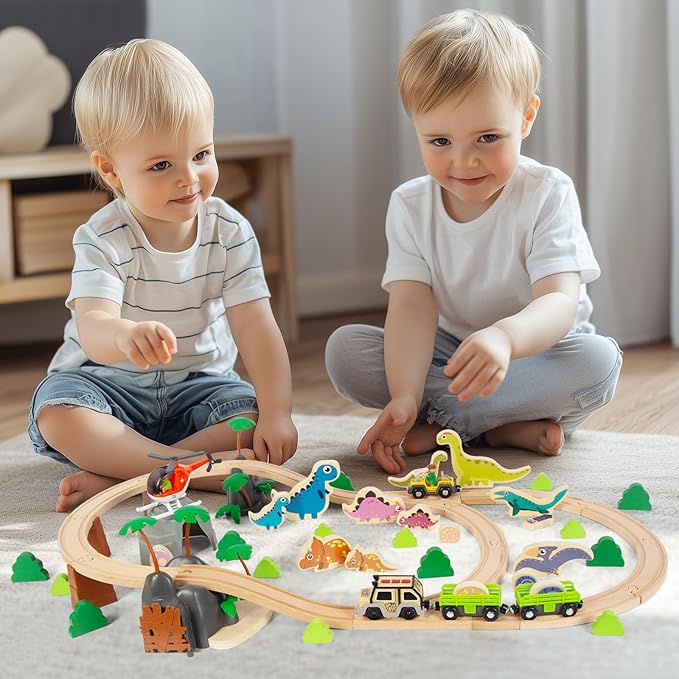 80Pcs Wooden Train Set, Dinosaur Wooden Train Track Set, Wood Toy Train Set for Toddlers 2-4, Train Toys for Toddlers 3-5, Fits Thomas, Fits Brio, Fits Melissa and Doug