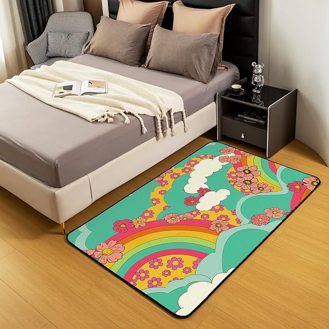 Groovy Rainbow 4x5 Rug for Girls,Groovy Power Floral Carpet Teen Women Retro 60S 70S Hippy Area Rug Colorful Blossom Clouds Psychedelic Non Slip Decorative Rug for Living Room
