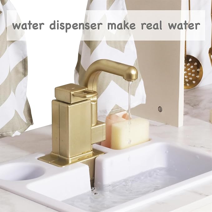 Wooden Play Kitchen Set with Ice Maker, Water Dispenser, Coffee Maker,Big Toddler Toy Kitchens Playset with Washing Machine,Sink with Running Water, Stove with Light&Sound,Gift for 3+boy Girl (White)