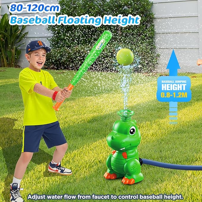 4-in-1 Dinosaur Water Sprinkler Baseball Toys,360° Spinning Water Play Game, Water Baseball, Water Splashing Toy for Kids Outdoor, Summer Backyard Lawn Pool Party Fun for Boys Girls (Green)