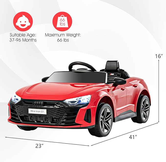 INFANS 12V Kids Ride On Car, Licensed Audi RS e-tron GT Electric Vehicle with Remote Control, Toddlers Battery Powered Toy with 4 Wheels Suspension, LED Headlight, Music, MP3, USB, TF Port (Red)