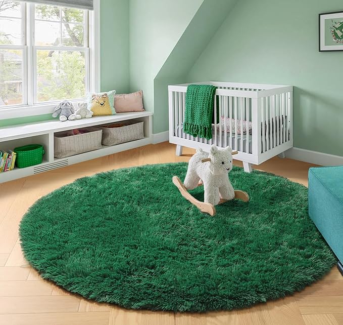 Amdrebio Dark Green Fluffy Round Rugs 5Ft for Bedroom, Thick Floor Circle Rug for Kids, Teens Room Decor, Furry Shag Area Rug for Living Room, Baby Nursery, Dorm, Fuzzy Plush Fur Emerald Green Carpet