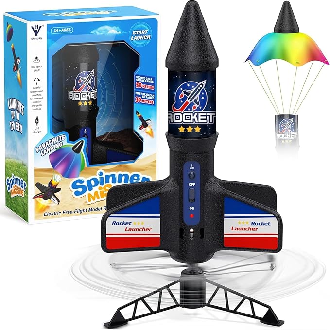 Rocket Launcher for Kids Automatic Launch 200 Feet Air Rocket Toy for Boy 10 Years Old Motorized Air Rocket with Safety Parachute and LED Outdoor Rocket Kits Toys Gifts for Kids Age 5-12