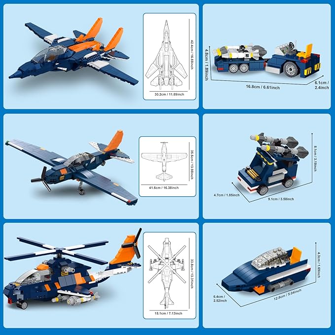 HOGOKIDS 3 in 1 Fighter Jet Plane Building Sets, Military Propeller Aircraft Gunship Building Toys with Vehicle/Rocket Launcher/Speedboat Model Toys, Birthday Gift for Kids, Boys and Girls 10+, 738PCS