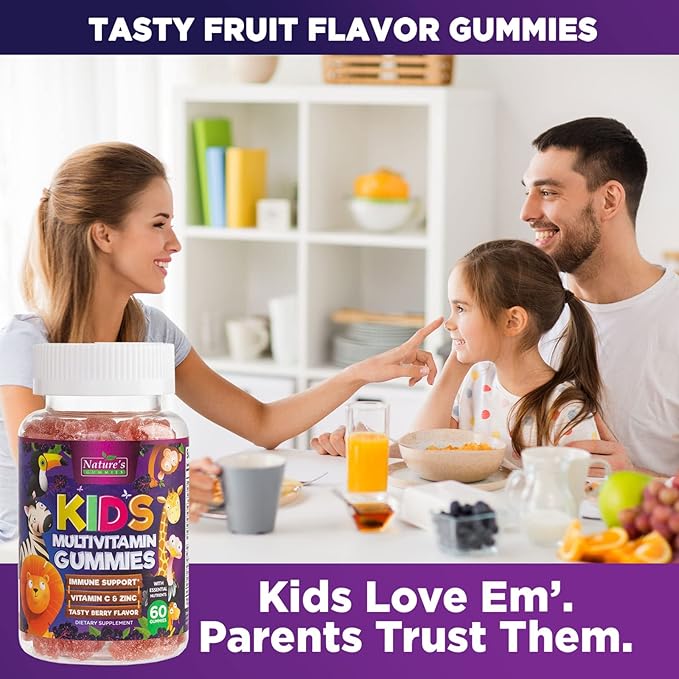 Kids Multivitamin Gummies - Daily Vitamins for Kids, Vitamin C, D3 & Zinc for Immune Support, Strawberry Flavored Gummies, Nature's Toddler & Kid Multi Vitamins, Non-GMO, Gluten Free - 60 Gummies