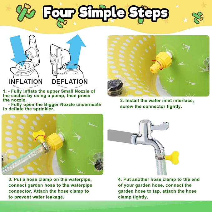 Sprinkler for Kids, Inflatable Cactus Water Toys for Boys Girls, Summer Outdoor Game with 4 Rings, Backyard Water Sprinkler Spray Toy Fun Gifts for Children Ages 3 4 5 6 Years and Up