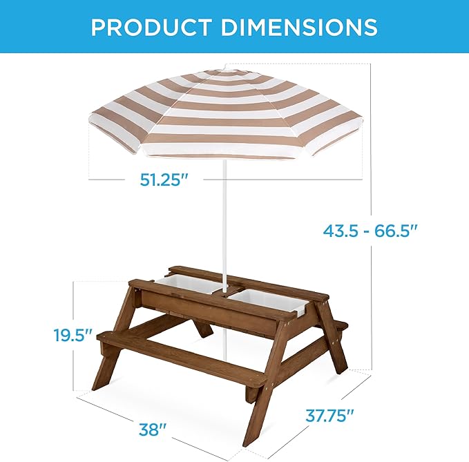 Best Choice Products Kids 3-in-1 Sand & Water Table, Wood Outdoor Convertible Picnic Table w/Umbrella, 2 Trays, Removable Top, 220lb Capacity Per Bench -Walnut/Beige