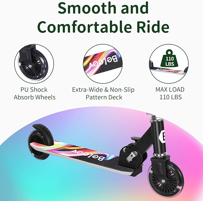 BELEEV V2 Scooters for Kids with Light-Up Wheels & Stem & Deck, 2 Wheel Folding Scooter for Girls Boys, 3 Adjustable Height, Non-Slip Pattern Deck, Lightweight Kick Scooter for Children Ages 3-12