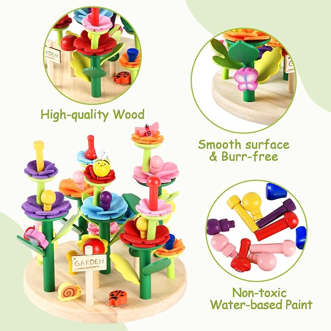 Wooden Flower Garden Building Toys for Kids, STEM Educational Activity Preschool Kit Gift for Boys Girls Age 3 4 5 6 7 Years Old, Stacking Game for Toddlers Build a Bouquet Spring Gifts