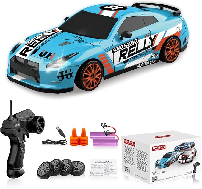 RC Drift Car Remote Control Car 2.4GHz 1:24 Scale 4WD 15KM/H High Speed Model Vehicle LED Lights Drifting Tire Racing Sport Toy for Adult Boys Girls Kids Gift 2Pcs Rechargeable Batterie
