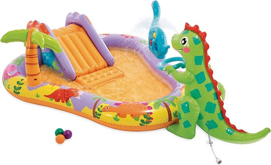INTEX 56139EP Dino Park Inflatable Kiddie Pool: Inflatable Kids Pool with Water Sprayer and Slide – Splash Pad – 79" x 62" x 27" – Ages 3+