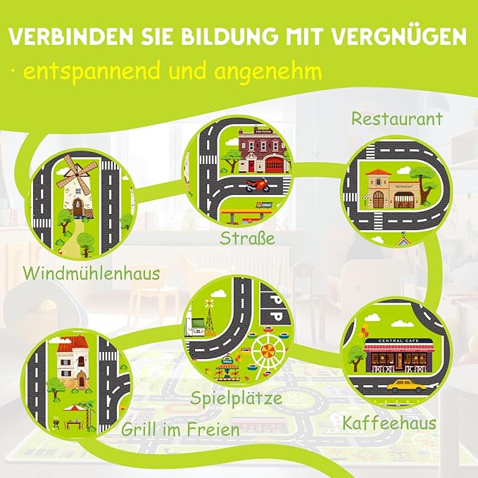 Kids Carpet Car Tack Rug Great for Kids Enjoy City Life- Play Learn Safely and Non Slip- Children Educational Road Rug Traffic Play Mat for Nursery Playroom Classroom（Greem02, 7'10" x 5'3"