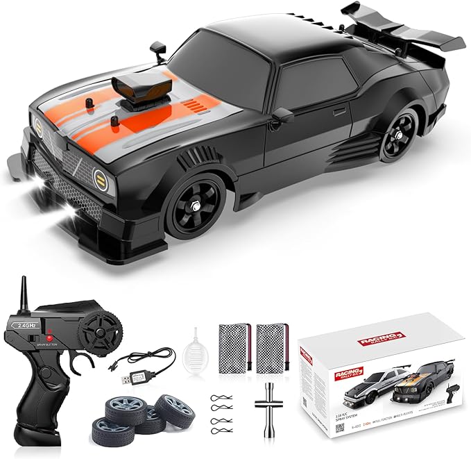 Remote Control Car RC Drift Car 1:16 Scale 4WD 18KM/H High Speed Model Vehicle 2.4GHz with LED Lights Spray Rubber Tire Racing Sport Toy for Adults Boys Girls Kids Gift 2Pcs Rechargeable Batteries
