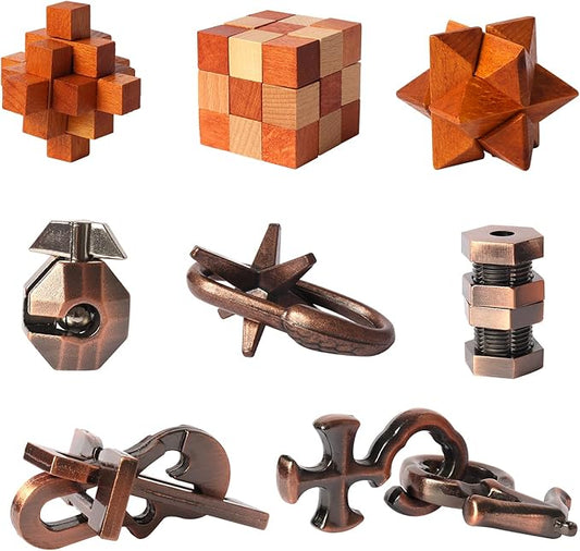 8pcs Puzzles Toys Wooden and Metal Brain Teaser Puzzles Game for Adults Kids Unlock Interlocking Puzzle IQ Education Puzzle Gift