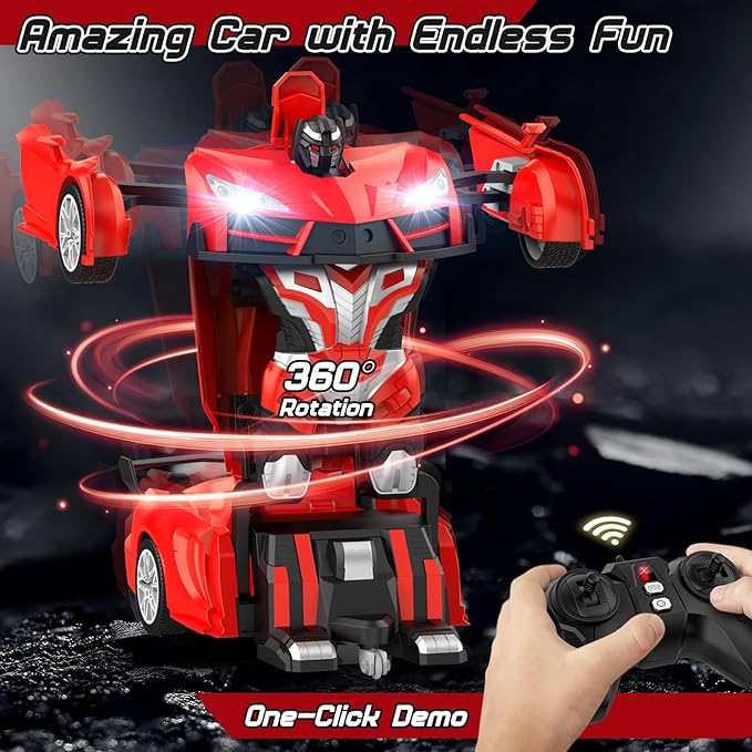 Remote Control Car，Transform Robot RC Cars with Cool LED Headlights, 2.4Ghz Toys Car with 360 Degree Rotation and One-Button Deformation, Christmas Birthday Gifts for Boys Girls(Red)