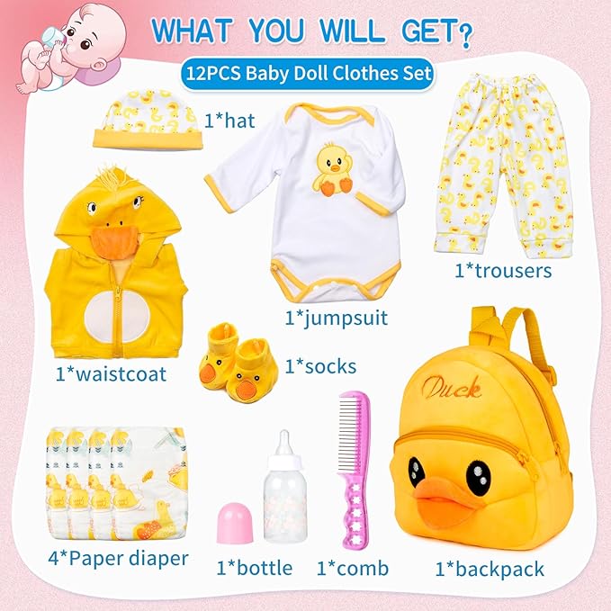 PEDOLLTREE 12pcs Set Reborn Baby Dolls Clothes Accessories with Backpack Diaper Yellow Duck for 17-22 Inch Baby Doll Reborn Doll Newborn Girl&Boy