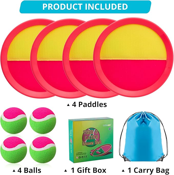 Outdoor Games for Kids - Toss and Catch Ball Set with 4 Paddles, 4 Balls, and 1 Storage Bag, Yard Games for Boys and Girls, Ages 4-8