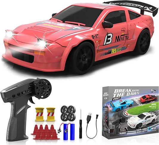 RC Drift Car, 1/24 Remote Control Car, 2.4Ghz 17KM/H High Speed RC Cars with LED Lights, Extra Tires, 2 Rechargeable Batteries, 4WD Racing Car Toys Christmas Birthday Gift for Kids Boys Girls Adults