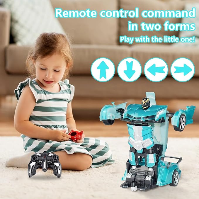 Remote Control Transform Car for Kids,Deformation Car for Boys & Girls 4 5 6 7 8 , 2.4Ghz 1:18 RC Transform Robot Toys for Kids, One Button Deformation to Robot with Flashing Light (Sapphire Blue)