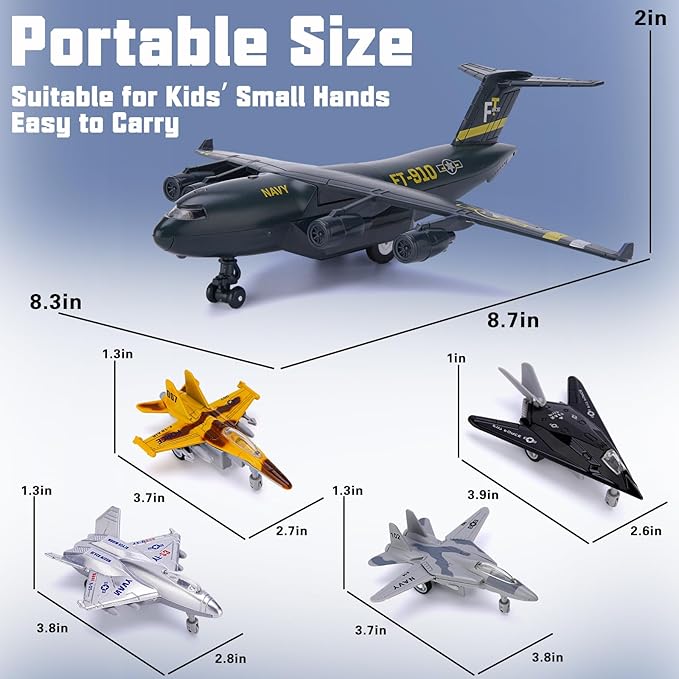 5 Pack Army Navy Airplane Toys Set with Light & Sounds, Military Fighter Jet Die Cast Plane Metal Aircraft Toy, Pull Back Aircraft Gift for Kids Toddlers Boys Girls Ages 3+