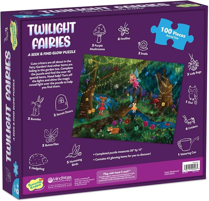 Peaceable Kingdom Twilight Fairies Puzzle – 100-Pc. Seek & Find Glow Puzzle for Kids Ages 6 & Up – Included Blacklight Reveals Hidden Items – Great for Home or Classrooms