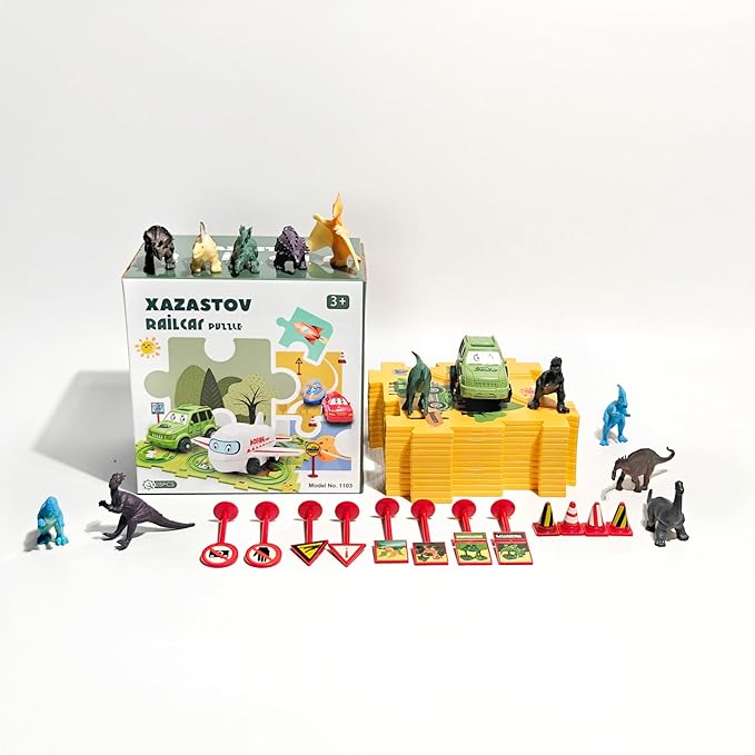 Puzzle Track Car Play Set with 12 Dinosaur Figures, Plastic Railcar Floor Puzzles for Kids Ages 3-5 with Vehicles, Toys Gifts for 3 4 5 6 Year Old Boys