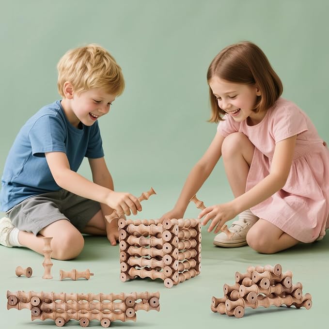 TZJ102, Wooden Building Blocks for Kids, 120Pcs WAVING Stacking Toys, Durable & Safe Wood, STEM Learning Toys with Canvas Bag & Parent-Child Cards, Ideal for Home, School, Travel & Outdoor Fun