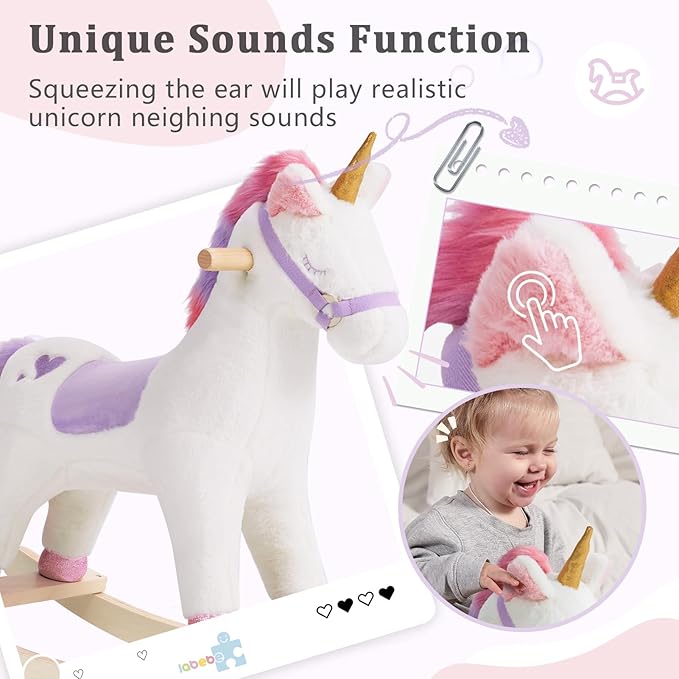 labebe - Toddler Rocking Horse, Ride Unicorn, Kid Ride On Toys for 1-3 Year Old, Plush Animal Rocker with Realistic Sounds, Baby Unicorn Rocker Gift for 12M+ Baby Girls Boys(Purple)