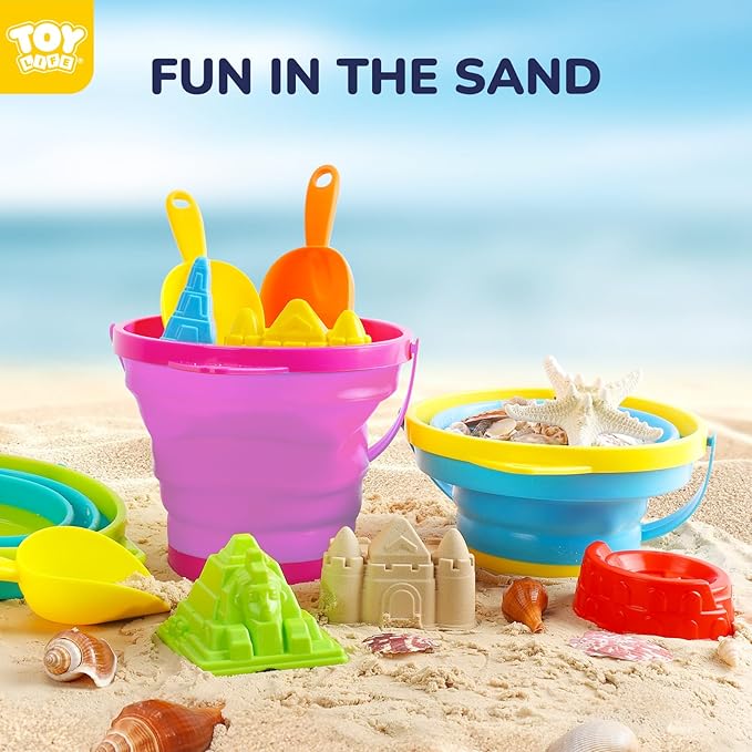 TOY Life Beach Toys for Kids Ages 4-8 Collapsible Sand Toys Toddlers with Silicone Bucket Shovels & Sand Castle Building Kit Molds, Sandbox Toy Travel, Beach Party, Fishing, Summer Activities