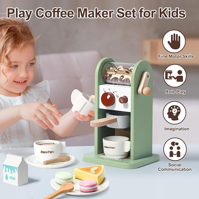 Kids Wooden Coffee Maker Toy,Coffee Machine Playset with Grinder,Play Coffee Making Routine,Stimulates Imaginative Pretend Play and Life Skills,Birthday Gift for Toddler Boy Girl,17pcs