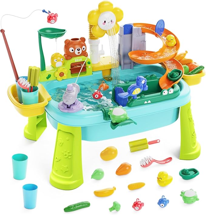 Water Table for Toddlers 1-3, Water Table for Kids Ages 4-8 with Pump, Sensory Tables with Play Vegetables, Tableware & Fishing Game, Outdoor Toy Summer Beach for Kids Boys Girls Age 3 4 5 6 7 8