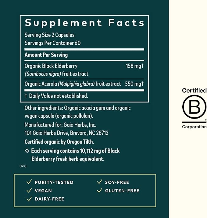 Gaia Herbs Black Elderberry - Daily Immune Support Supplement to Help Maintain Well-Being- with Black Elderberries and Acerola Fruit for Antioxidant Support - 120 Vegan Capsules (60-Day Supply)