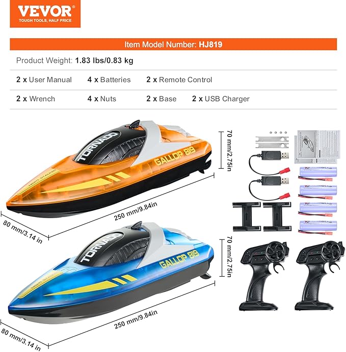 VEVOR RC Boat for Kids, 2Pack Remote Control Boat for Pools & Lakes, Racing Boat with LED Light & 4 Rechargeable Batteries, Whole Body Waterproof, Water Play Toy Gift for Adults Boys & Girls