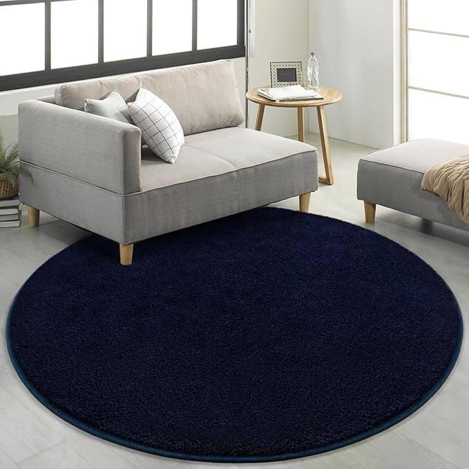 FlyDOIT Round Area Rugs for Bedroom Living Room, 4x4 Navy Blue Super Soft Comfy Thickened Memory-Foam Indoor Circle Carpets, Modern Aesthetic Minimalist Carpet for Boys Girls Adults Nursery Home Décor
