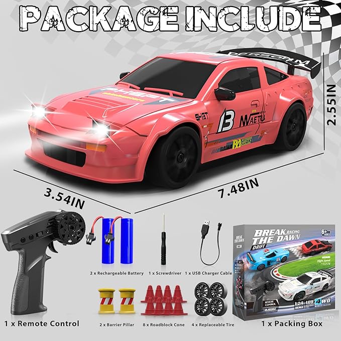 RC Drift Car, 1/24 Remote Control Car, 2.4Ghz 17KM/H High Speed RC Cars with LED Lights, Extra Tires, 2 Rechargeable Batteries, 4WD Racing Car Toys Christmas Birthday Gift for Kids Boys Girls Adults