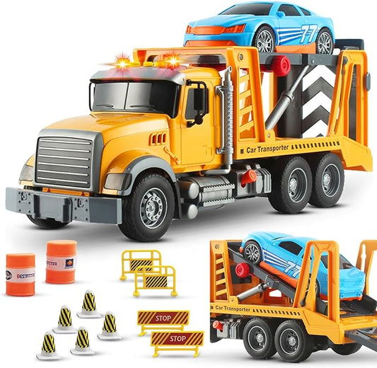 Mobius Kids Tow Truck Toy with Race Car Friction Powered Hauling Toy Tow Trucks for Boys Age 3-5 w/Flashing Lights & Sounds - Playset for Kids Boy & Girls Ages 3-9 Working Hook & 11 Cool Accessories