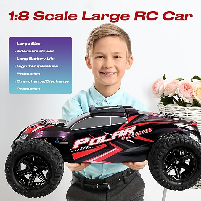 1:8 Fast RC Cars for Adults, 45KM/H High Speed Off-Road Remote Control Truck, 2.4GHz All Terrain RC Car with LED Lights, 2 Rechargeable 2600mAh Batteries, Waterproof, Gift for Men Kids