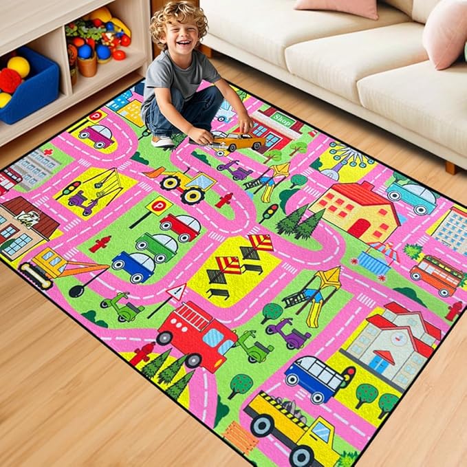 Car Track Rug - Car Rugs for Kids Toy Cars City Life Road Rug Large Kids Play Mat Car Carpet for Boys Girls Playroom Living Room Bedroom Classroom, 5'×7'