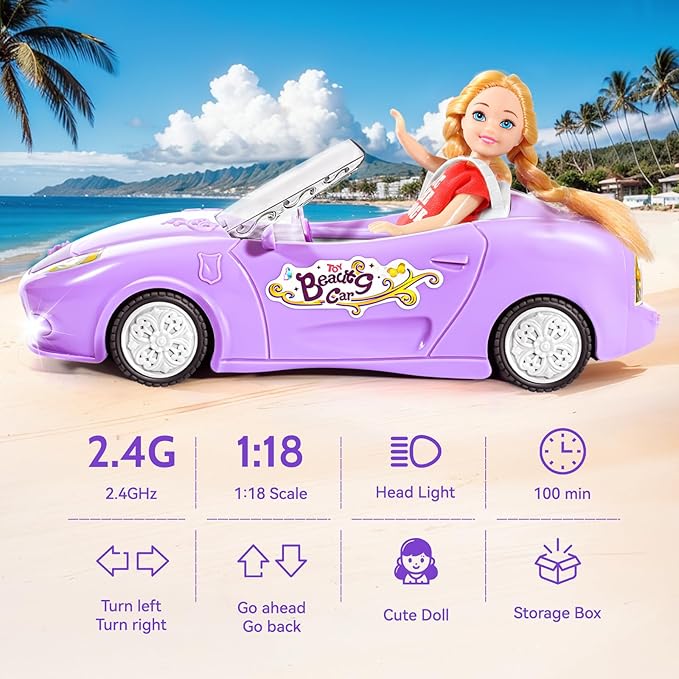 Remote Control Car for Girls 4-7, RC Car for Kids with Doll, 1:18 Scale 2.4Ghz Racing Car with Lights & Controller, Birthday for Grils