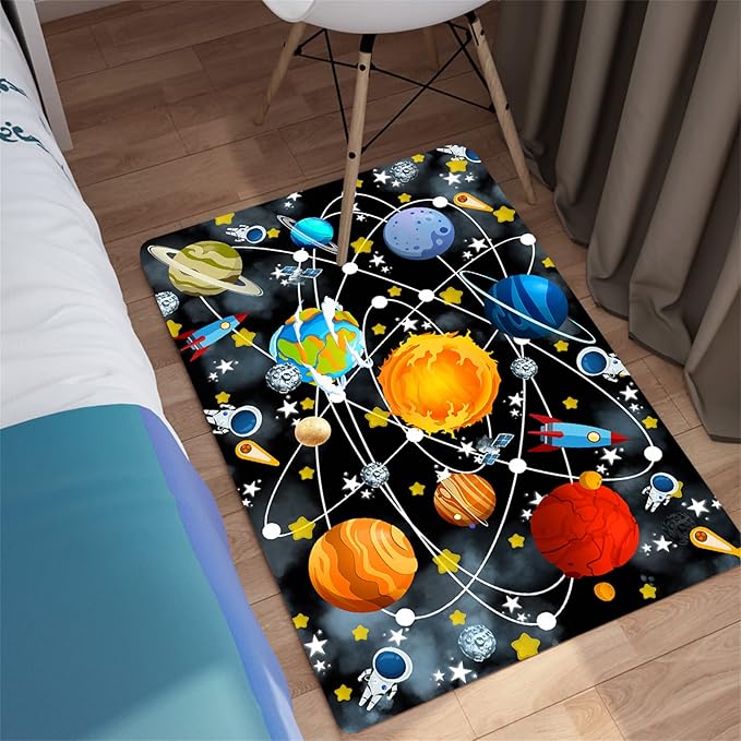 Outer Space Rugs Small Size Universe Solar System Planet Theme Carpets Kids Rugs for Playroom Educational Learning Area Rug for Living Room Bedroom Indoor Crystal Polyester Floor Sofa Mats, 2'×3'