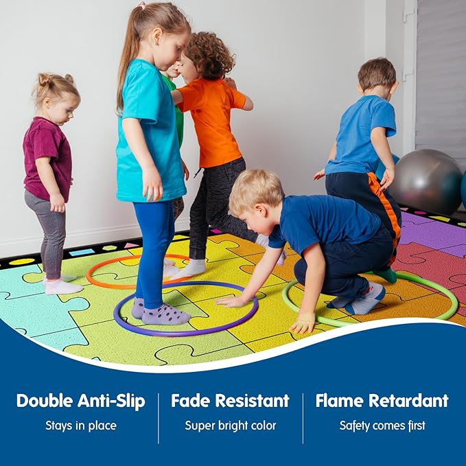 Booooom Jackson Classroom Rug Elementary 16 Seats Classroom Carpet 6.5 x 8.5 ft Preschool Rugs Colorful Puzzle Seating Rug with Non-Slip Backing for School (PzLaB-2620)