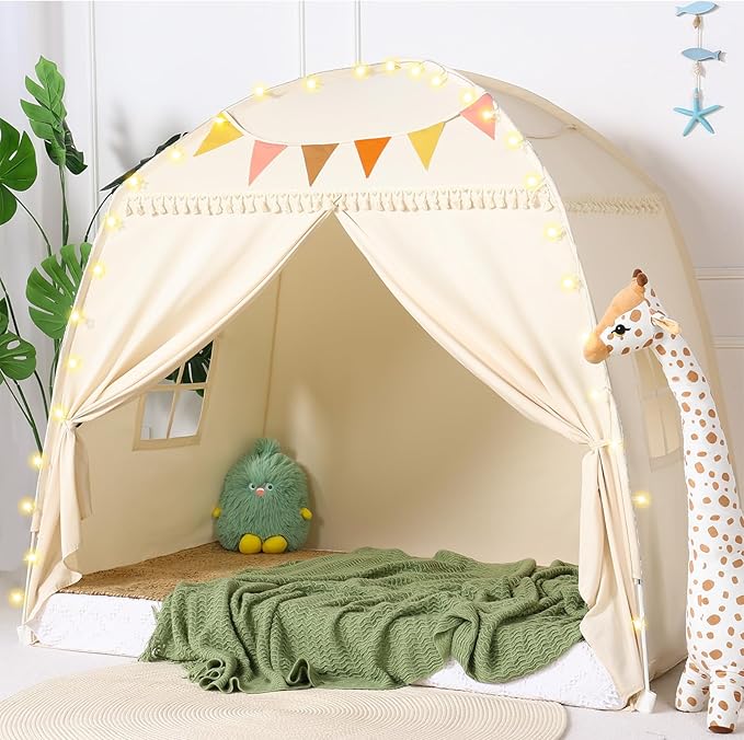 Large Toddlers Bed Tent Canopy: with Lights and Flags for Girls and Boys House Gifts - Monobeach Kids Play Tent Indoor Princess Toys - Portable and Foldable Children Playhouse Outdoor