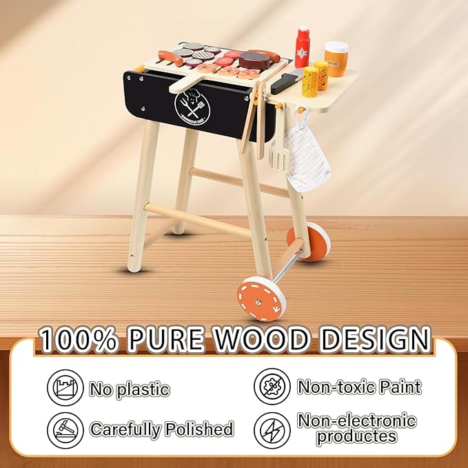 MerryPony Wooden Play Barbecue Toy Grill, Kids BBQ Grill Playset with Play Food and Grilling Tools, Kids Cooking Sets, Outdoor Play Kitchen Set, Pretend Play Kitchen Accessories Toddlers Age 3+