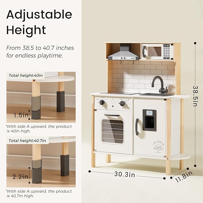 Tiny Land Play Kitchen for Kids, Wooden Kids Play Kitchen Playset Chef Pretend Play Set for Toddlers with Real Lights & Sounds, Toys Kitchen with 18 Pcs Toy Food & Cookware Accessories