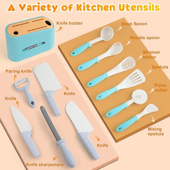 Kids Play Kitchen Accessories, 44PCS Toddler Pretend Play Cooking Playset with Cookware Pots, Pans, Cooking Utensils, Gas Stove with Sound & Light, Cuttable Toy Food Sets, Learning Gift for Girls Boys