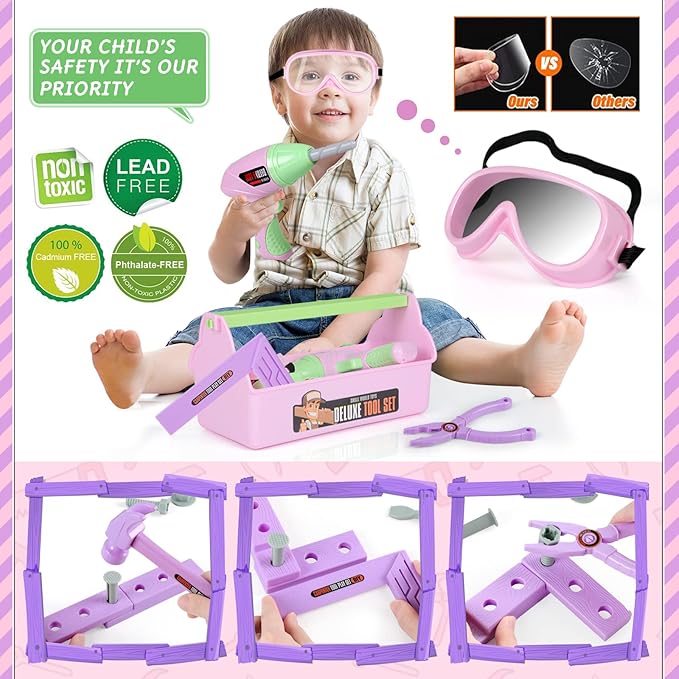 Kids Tool Set - Toddler Tool Playset with Toy Drill, Toy Tool Box, Construction Tools - Pretend Play Toddler Girl Toys Gifts for Toddlers Kids Aged 3 4 5 6 (Pink Tools)